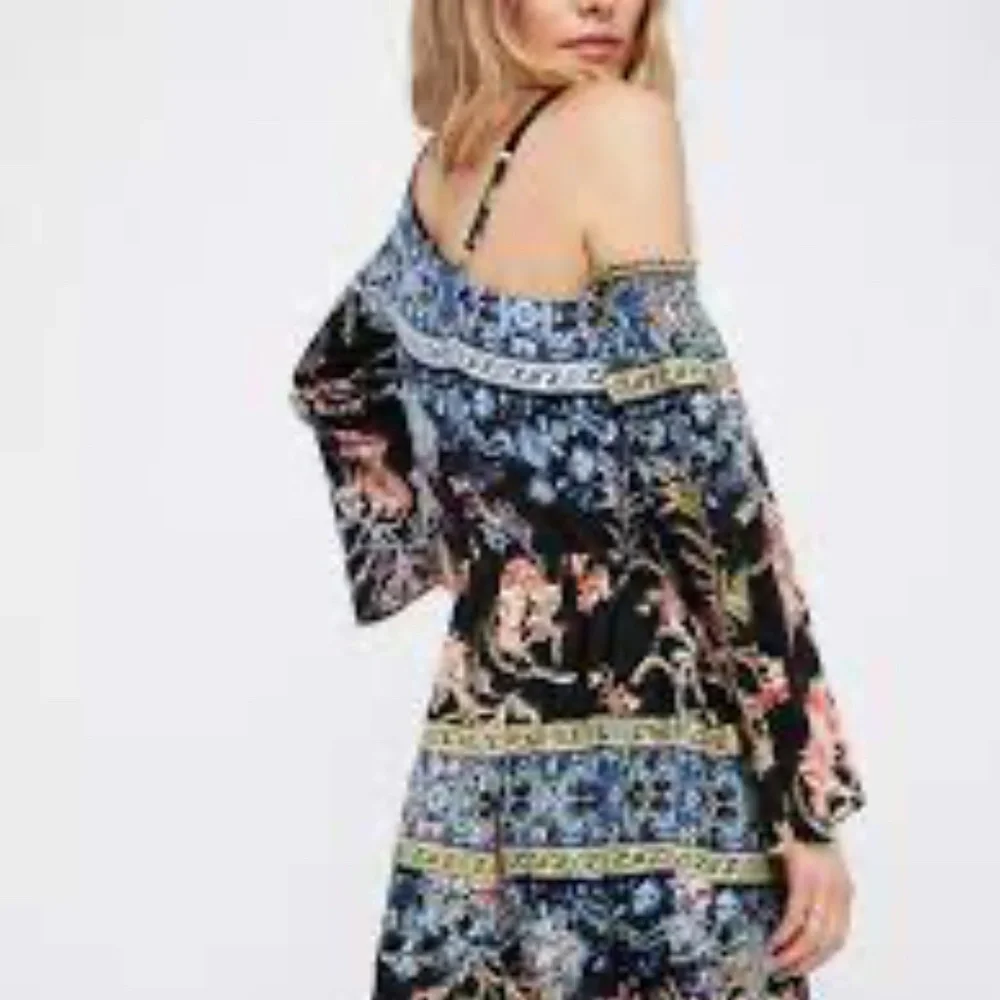 Free People Modern Nomad Mini Dress Large One Shoulder Boho Floral Long Sleeve